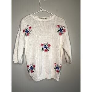 1980s Bellepointe Floral Bouquet Needlepoint Kawaii Feminine Coquette Sweater M
